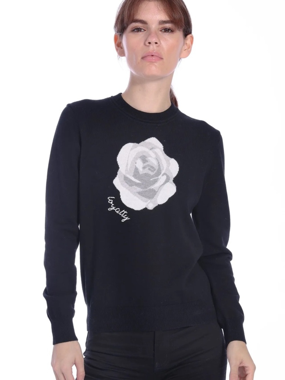 Minnie Rose Black Crewneck Sweater with White Rose Motif